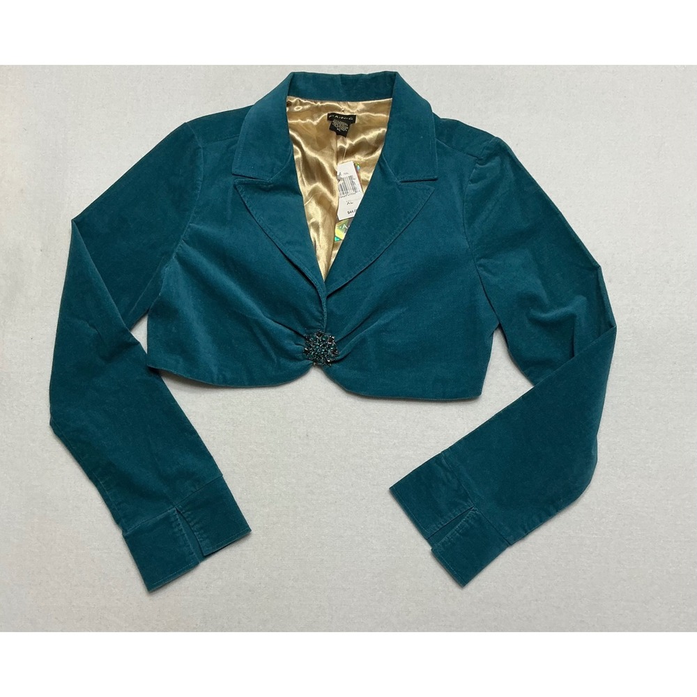 Vintage Y2K FANG Teal Velvet Cropped Blazer Jacket Jeweled Clasp Womens XL NWT